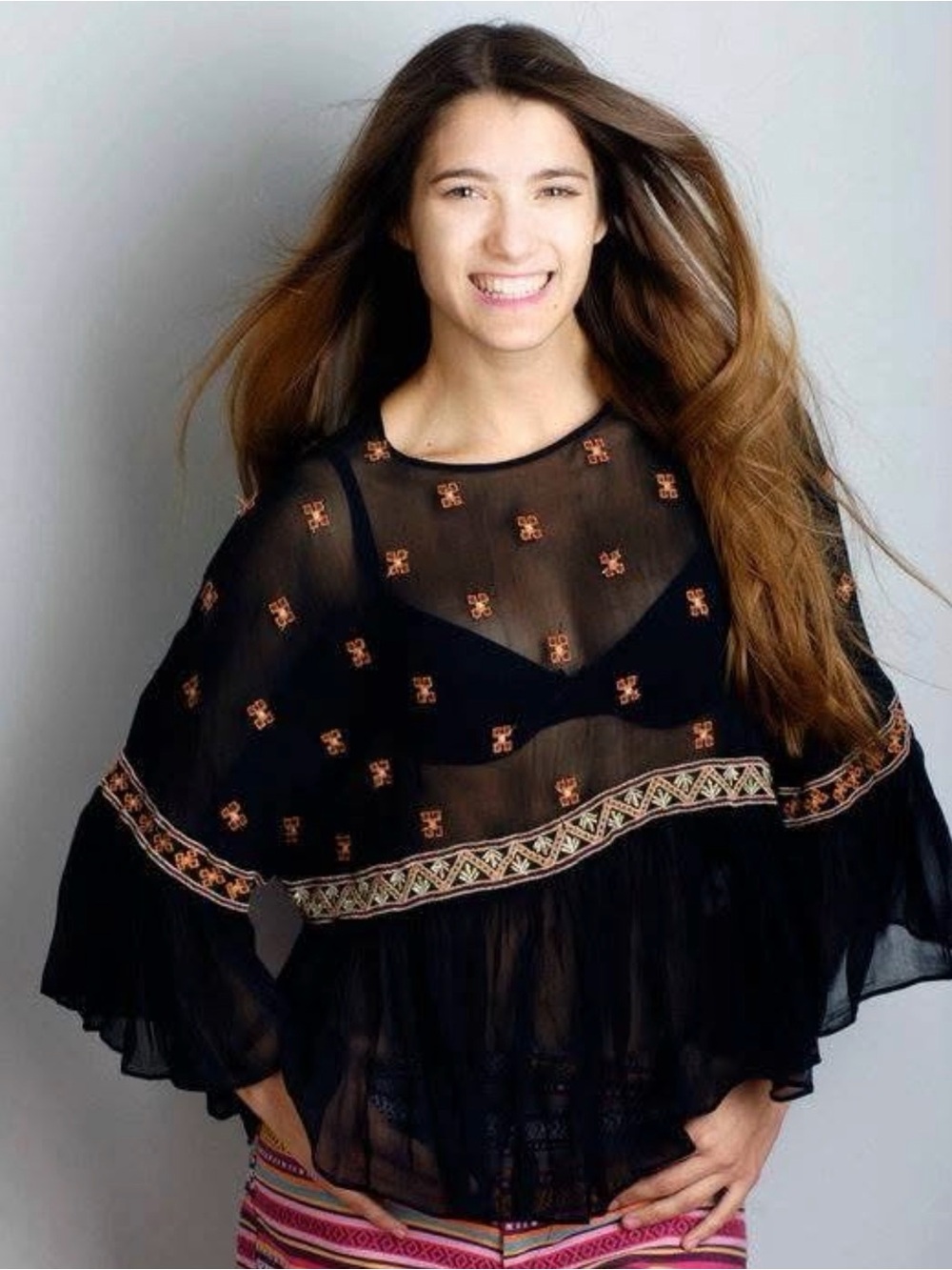Michel Studio Sheer Embroidered Black Women's Blouse - Boho Tunic M